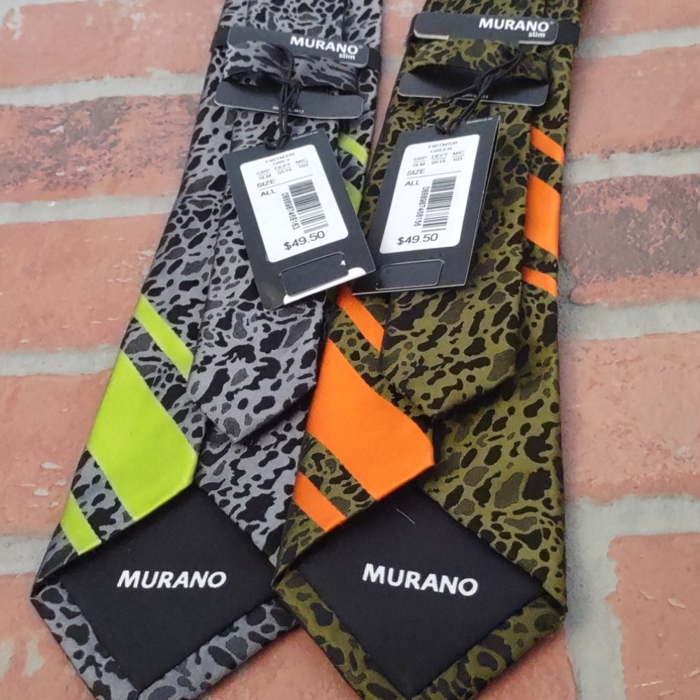 Murano Camouflage Slim Neon Green Orange Retro LOT OF 2 SILK TIES Murano $99 NEW - Picture 6 of 6